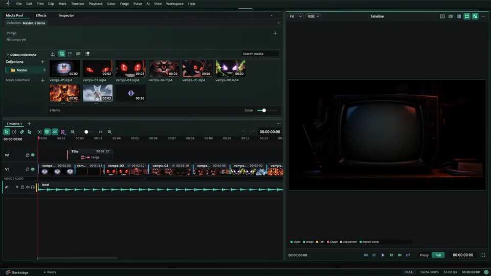 Tenvek with the a saved layout with the viewer wide and the inspector docked beside the media pool